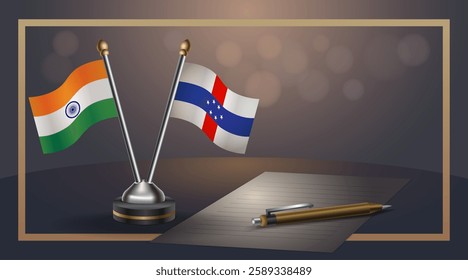 Small national flag of India and Netherlands Antilles flag Relation, Template banner vector  Illustration