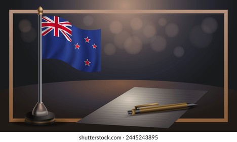 Small national flag of the New Zealand on bokeh background, vector Illustration