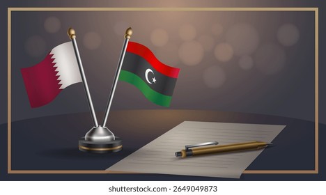 Small national flag of Qatar and Libya flag Relation, Template banner vector Illustration