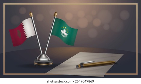 Pequeña bandera nacional de Qatar y Macao Relación, Ilustración vectorial de Anuncio de Plantilla