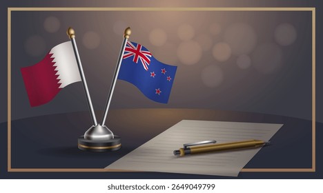 Small national flag of Qatar and New Zealand flag Relation, Template banner vector Illustration