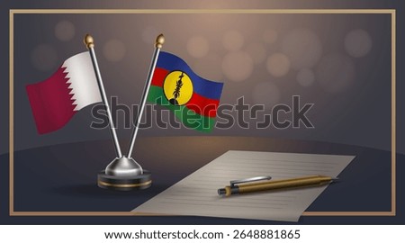 Small national flag of Qatar and New Caledonia flag Relation, Template banner vector Illustration