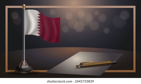 Small national flag of the Qatar on bokeh background, vector Illustration