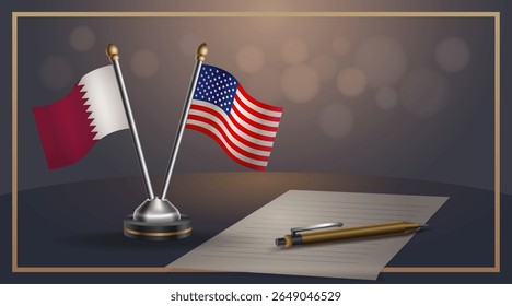 Small national flag of Qatar and United States flag Relation, Template banner vector Illustration