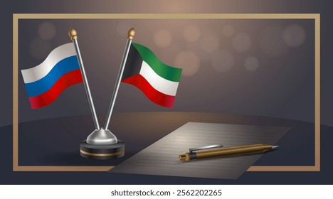 Small national flag of Russian and Kuwait flag Relation, Template banner vector Illustration