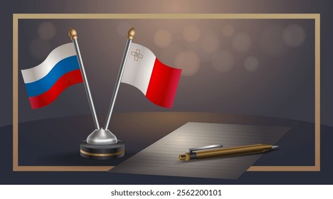 Small national flag of Russian and Malta flag Relation, Template banner vector Illustration