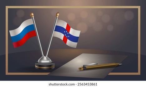 Small national flag of Russian and Netherlands Antilles flag Relation, Template banner vector Illustration