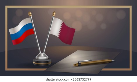 Small national flag of Russian and Qatar flag Relation, Template banner vector Illustration