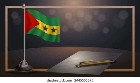 Small national flag of the Sao Tome and Principe on bokeh background, vector Illustration