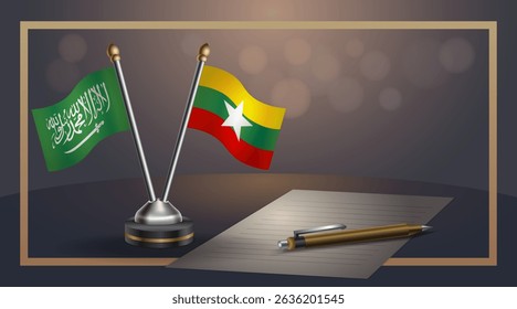 Small national flag of Saudi Arabia and Myanmar flag Relation, Template banner vector Illustration