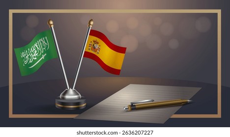 Small national flag of Saudi Arabia and Spain flag Relation, Template banner vector Illustration