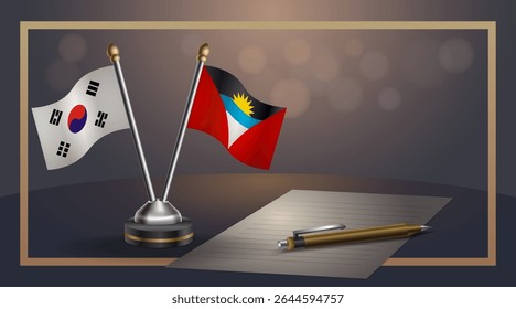 Bandeira nacional pequena da Coreia do Sul e bandeira de Antígua e Barbuda Relação, Modelo banner vetor Ilustração