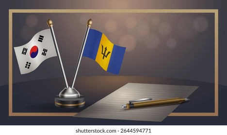 Small national flag of South Korea and Barbados flag Relation, Template banner vector Illustration