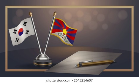 Pequena bandeira nacional da Coreia do Sul e bandeira do Tibete Relação, Modelo banner vetor Ilustração