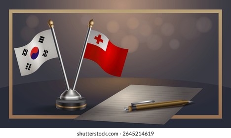 Pequena bandeira nacional da Coreia do Sul e bandeira de Tonga Relação, Modelo banner vetor Ilustração