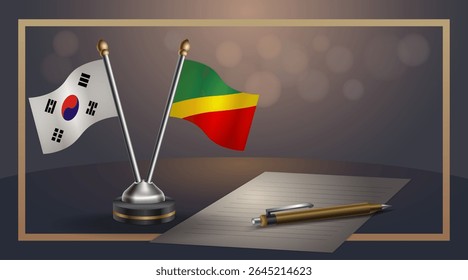 Pequena bandeira nacional da Coreia do Sul e República do Congo bandeira Relação, Modelo banner vetor Ilustração