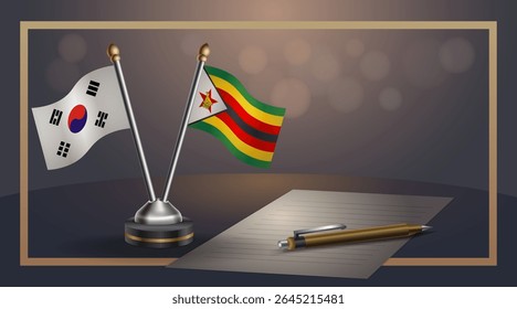 Pequena bandeira nacional da Coreia do Sul e bandeira do Zimbábue Relação, Modelo banner vetor Ilustração