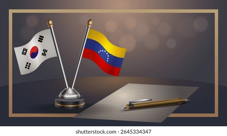 Pequena bandeira nacional da Coreia do Sul e Venezuela bandeira Relação, Modelo banner vetor Ilustração