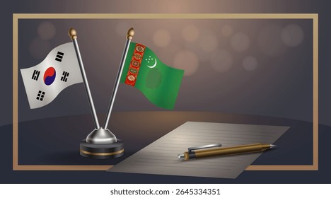 Pequena bandeira nacional da Coreia do Sul e bandeira do Turquemenistão Relação, Modelo banner vetor Ilustração