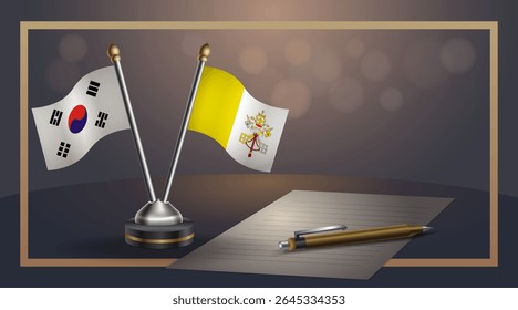 Pequena bandeira nacional da Coreia do Sul e bandeira da Cidade do Vaticano Relação, Modelo banner vetor Ilustração