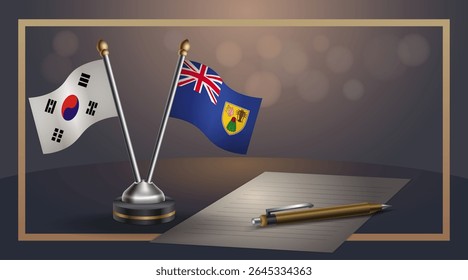 Pequena bandeira nacional da Coreia do Sul e Turk e Caicos bandeira Relação, Modelo banner vetor Ilustração
