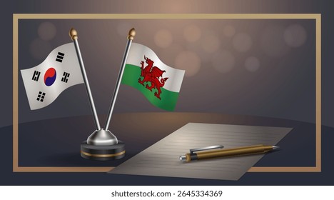 Bandeira nacional pequena da Coreia do Sul e País de Gales bandeira Relação, Modelo banner vetor Ilustração