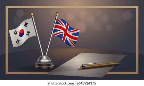 Pequena bandeira nacional da Coreia do Sul e bandeira do Reino Unido Relação, Modelo banner vetor Ilustração