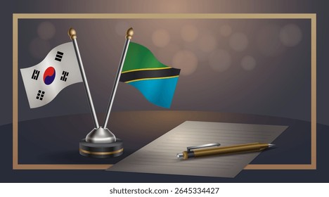 Pequena bandeira nacional da Coreia do Sul e bandeira da Tanzânia Relação, Modelo banner vetor Ilustração