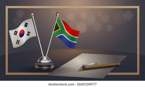 Pequena bandeira nacional da Coreia do Sul e África do Sul bandeira Relação, Modelo banner vetor Ilustração