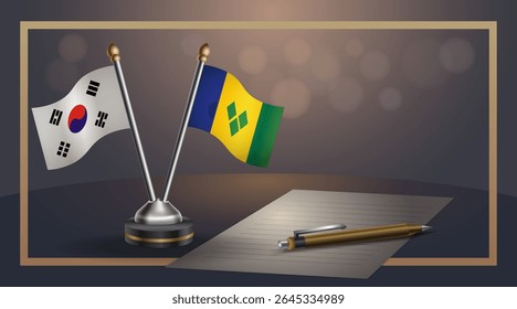Pequena bandeira nacional da Coreia do Sul e ST. Vincent Grenadines flag Relação, Modelo banner vetor Ilustração