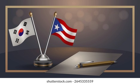 Pequena bandeira nacional da Coreia do Sul e bandeira de Porto Rico Relação, Modelo banner vetor Ilustração