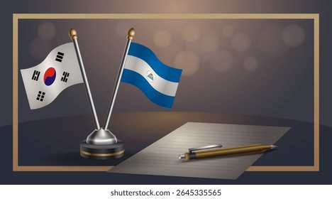 Pequena bandeira nacional da Coreia do Sul e Nicarágua bandeira Relação, Modelo banner vetor Ilustração