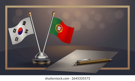 Pequena bandeira nacional da Coreia do Sul e Portugal bandeira Relação, Modelo banner vetor Ilustração