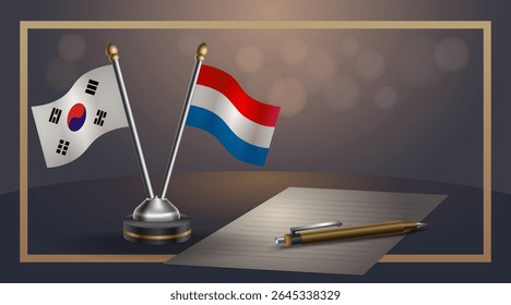 Pequena bandeira nacional da Coreia do Sul e bandeira dos Países Baixos Relação, Modelo banner vetor Ilustração