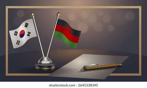 Pequena bandeira nacional da Coreia do Sul e bandeira do Malawi Relação, Modelo banner vetor Ilustração