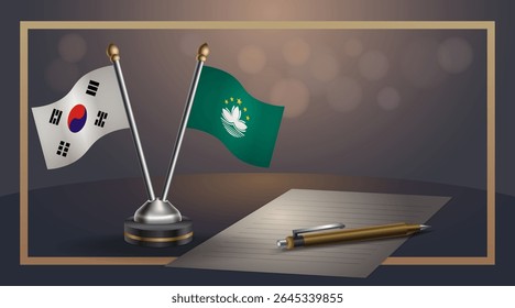 Pequena bandeira nacional da Coreia do Sul e bandeira de Macau Relação, Modelo banner vetor Ilustração