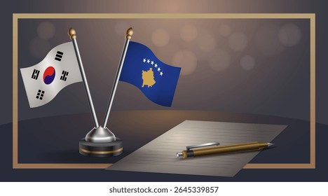 Pequena bandeira nacional da Coreia do Sul e Kosovo bandeira Relação, Modelo banner vetor Ilustração