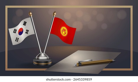 Pequena bandeira nacional da Coreia do Sul e bandeira do Quirguistão Relação, Modelo banner vetor Ilustração