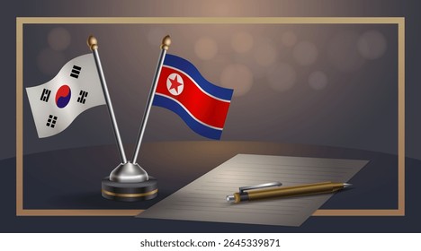 Pequena bandeira nacional da Coreia do Sul e bandeira da Coreia do Norte Relação, Modelo banner vetor Ilustração