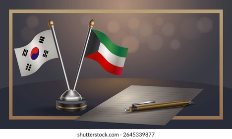 Pequena bandeira nacional da Coreia do Sul e bandeira do Kuwait Relação, Modelo banner vetor Ilustração