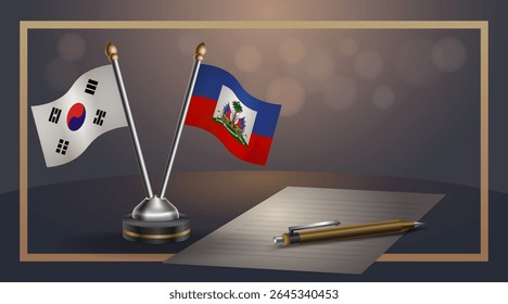 Pequena bandeira nacional da Coreia do Sul e bandeira do Haiti Relação, Modelo banner vetor Ilustração