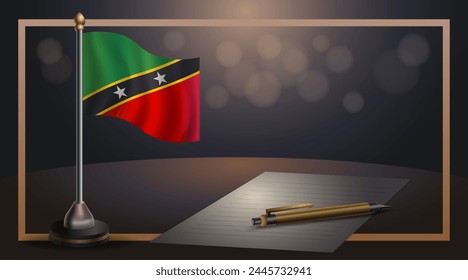 Small national flag of the ST. Kitts Nevis on bokeh background, vector Illustration