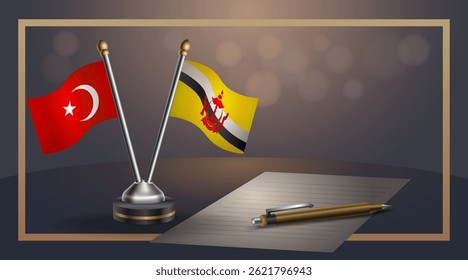 Small national flag of Turkey and Brunei flag Relation, Template banner vector Illustration
