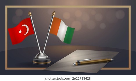 Small national flag of Turkey and Cote D'Ivoire flag Relation, Template banner vector Illustration