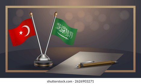 Small national flag of Turkey and Saudi Arabia flag Relation, Template banner vector Illustration