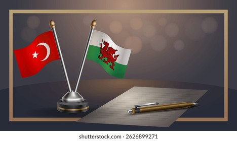 Pequena bandeira nacional da Turquia e País de Gales bandeira Relação, Modelo banner vetor Ilustração