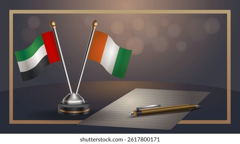 Small national flag of United Arab Emirates and Cote D'Ivoire flag Relation, Template banner vector Illustration