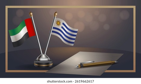 Small national flag of United Arab Emirates and Uruguay flag Relation, Template banner vector Illustration