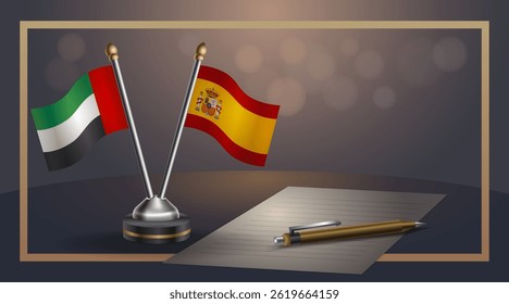 Small national flag of United Arab Emirates and Spain flag Relation, Template banner vector Illustration