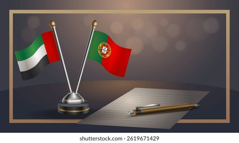 Small national flag of United Arab Emirates and Portugal flag Relation, Template banner vector Illustration